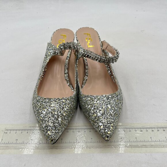 FSJ SIlver Glitter Rhinestone Cone Low Heel Mules Pointed Toe One Strap Sandals - Picture 3 of 8